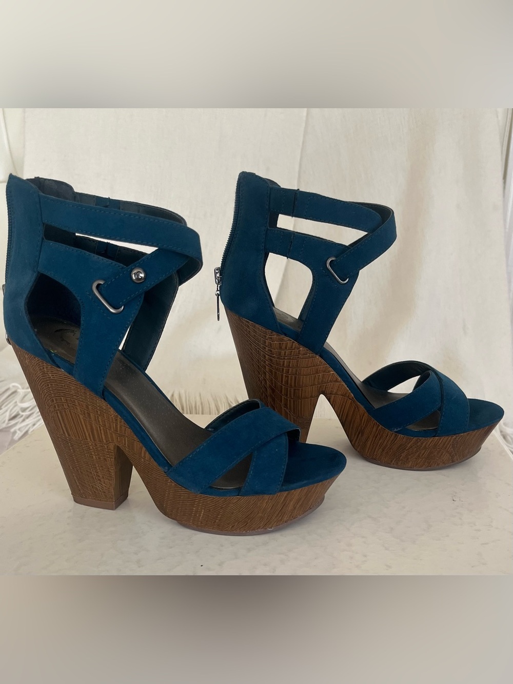 G by Guess Teal Suede Platform Wedge Sandals